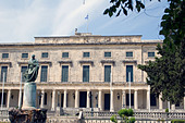 Statue of Sir Frederic Adams stands in front of the Palace of St. Michael and St. George, Kerkyra, Corfu, Greece
